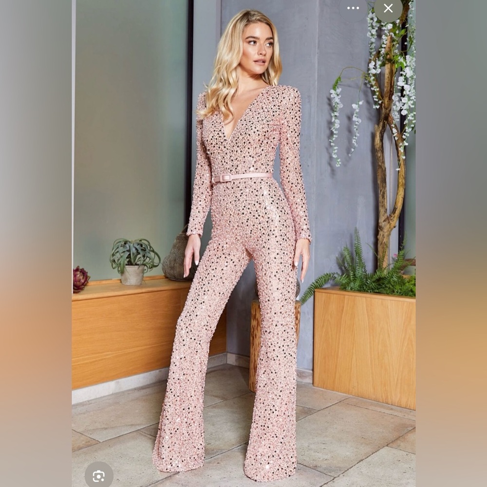 NADINE MERABI Blush Pink Lace Jumpsuit